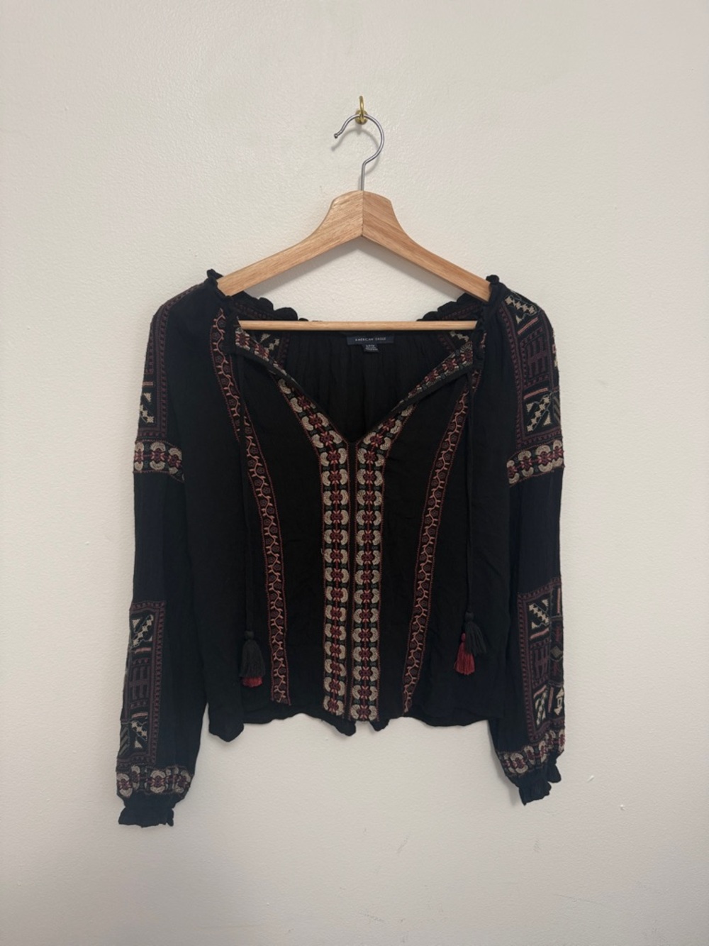 American Eagle Black Boho Embroidered Blouse